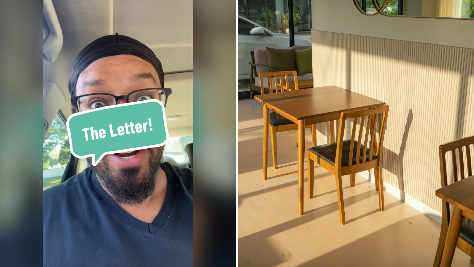 Split image with the cover of @bigkrcarter's TikTok video, where he talks to the camera under the words The Letter, on the left and an Unsplash photo by sq lim on the right showing a wooden table and chairs in an empty room