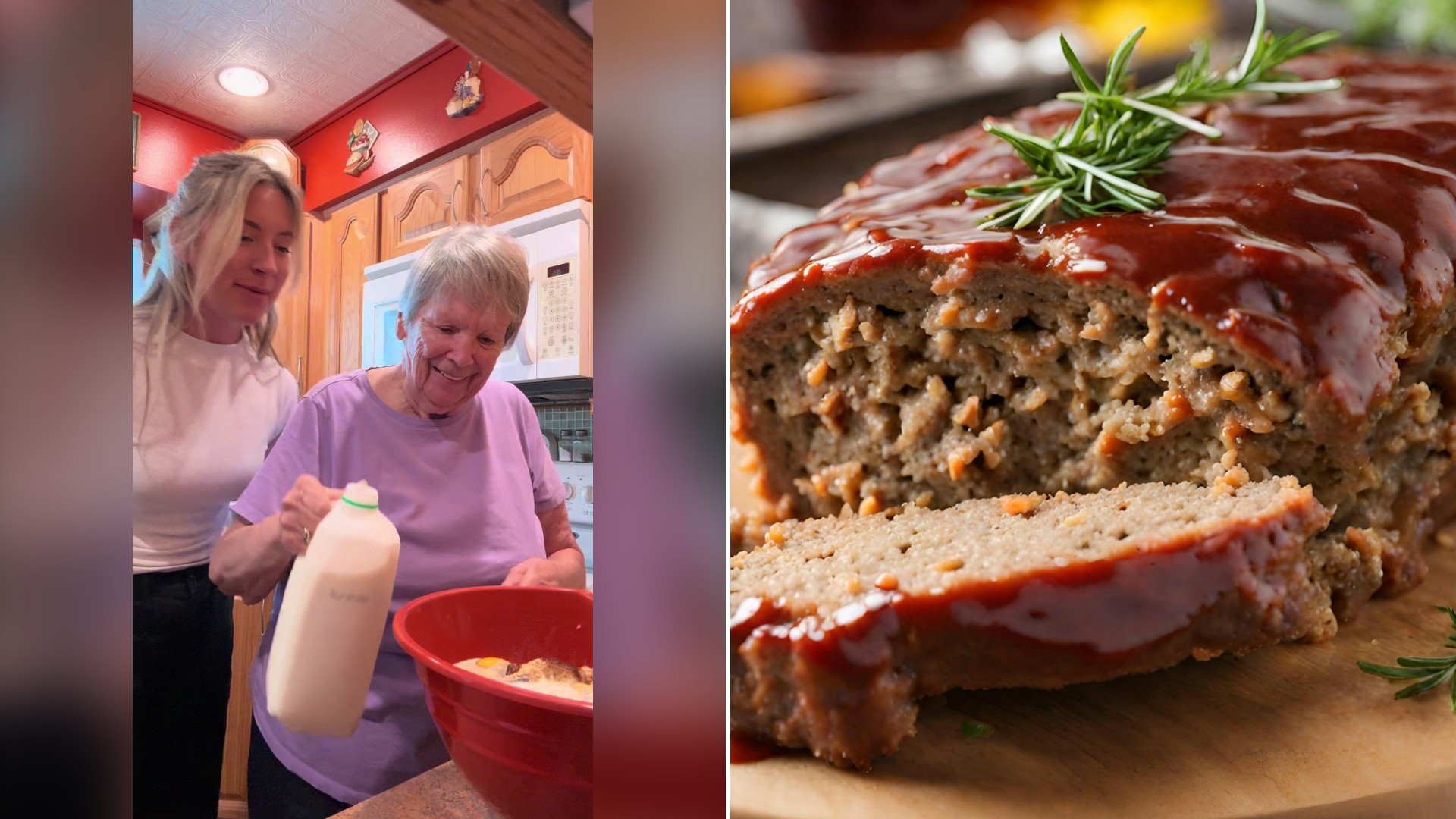 Split image with the cover of @hannahgrunder's TikTok video, where she cooks with her grandmother over a mixing bowl in the kitchen, on the left and an Unsplash photo by Martinet Sinan on the right showing a meatloaf on a cutting board with an herb sprig