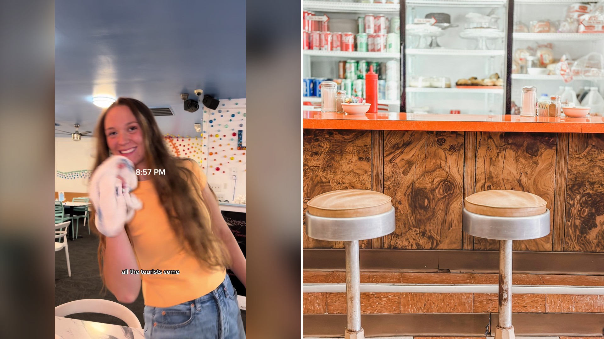Split image with the cover of @kylebeachy's TikTok video, where she holds a mug inside the family diner, on the left and an Unsplash photo by Amber Jacqueline on the right showing three stools in front of a diner counter