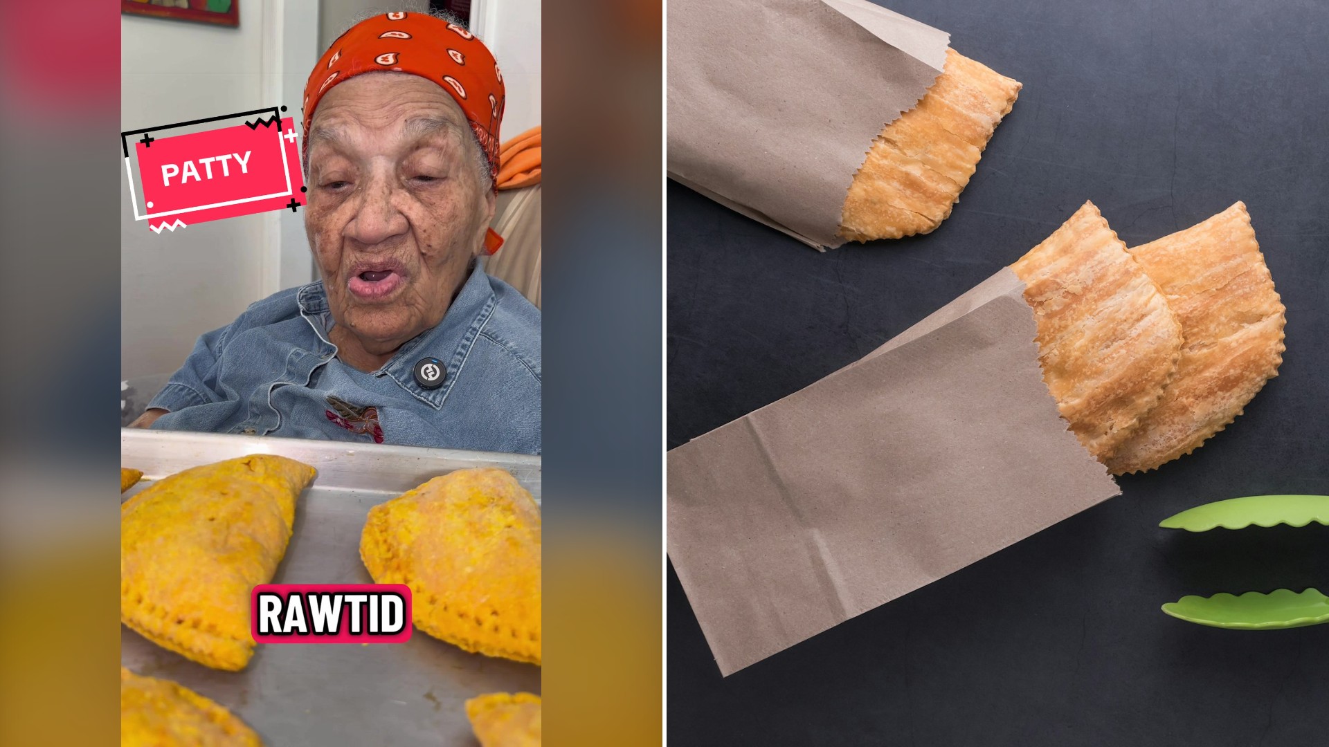 Split image with the cover of @zionhousetv's TikTok video, where his grandmother sits beside a tray of golden beef patties, on the left and an Unsplash photo by Gabre Cameron on the right showing three Jamaican beef patties in brown paper bags with tongs
