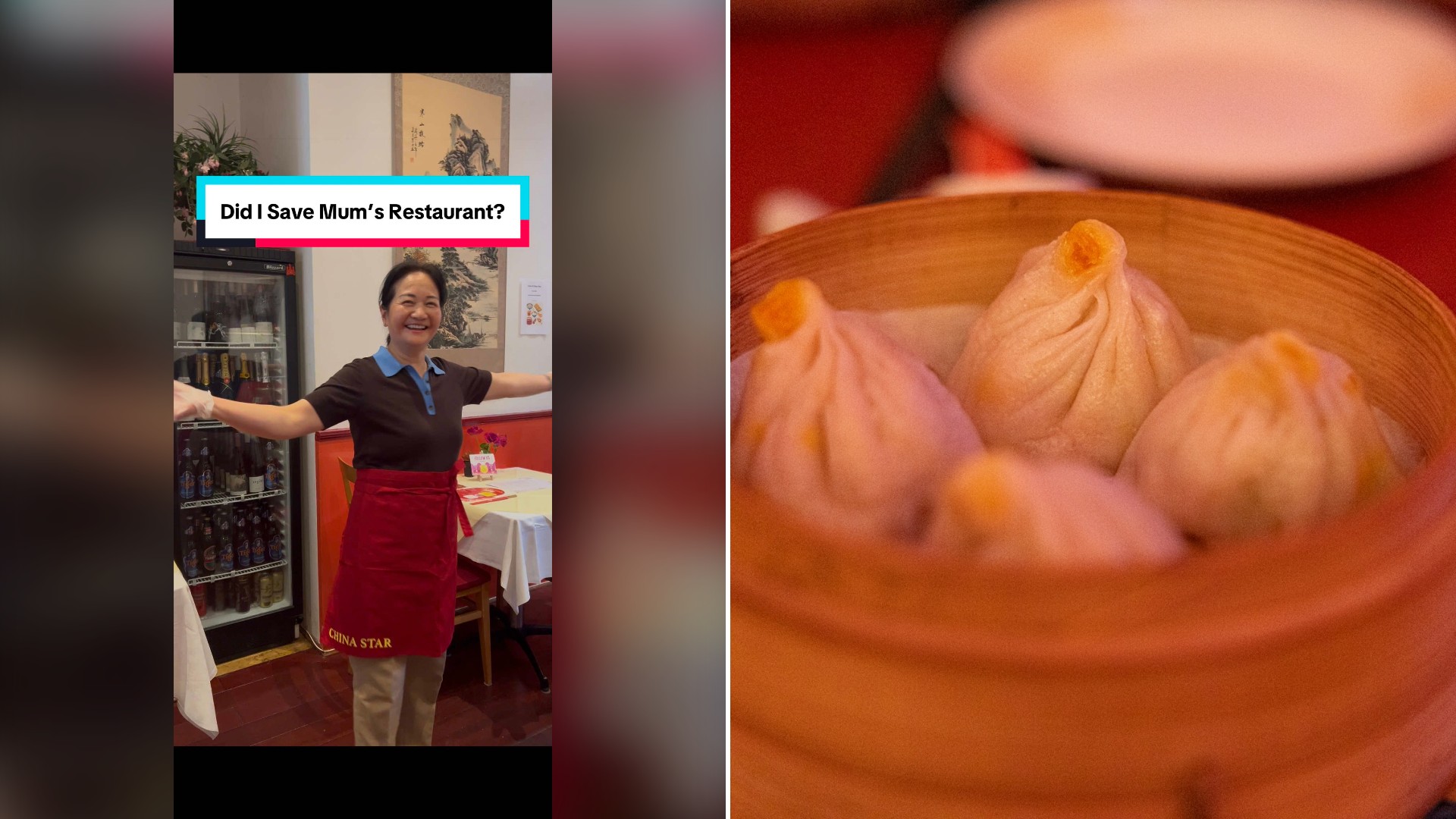 Split image with the cover of @lisaluluhe's TikTok video, where she stands in a red apron inside her mother's restaurant, on the left and an Unsplash photo by Sunira Moses on the right showing soup dumplings in a bamboo steamer