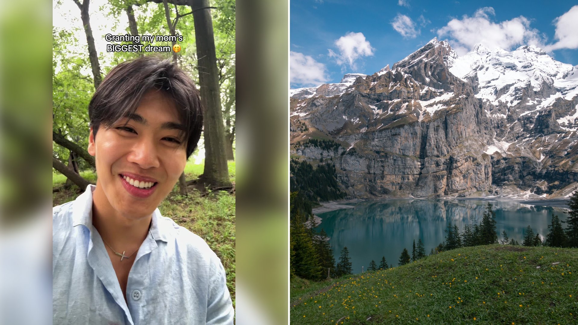 Left: cover still from a TikTok video by @hwaniiee. Right: A Swiss mountain range rising behind a lake in the foreground (Unsplash photo by Pascal Debrunner).