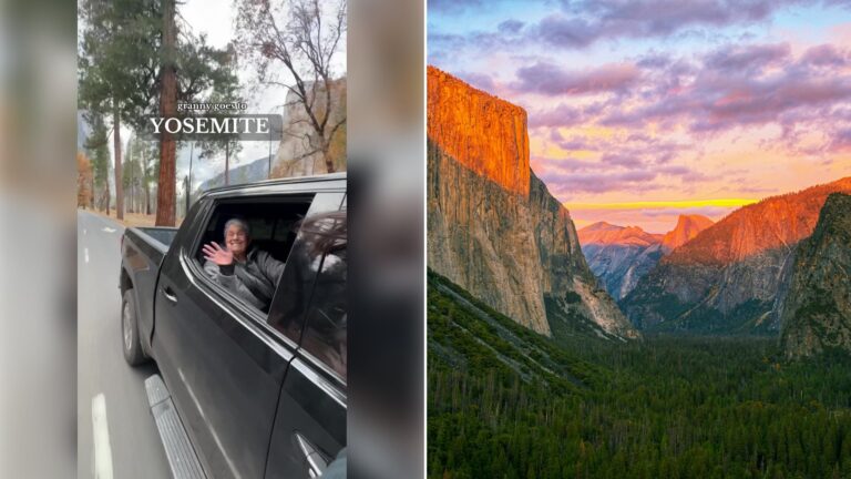 Left: cover still from a TikTok video by @kandktravel. Right: Sunset at Yosemite Tunnel View, with a green grassy valley and brown mountains under a cloudy sky (Unsplash photo by Anshul Jain).