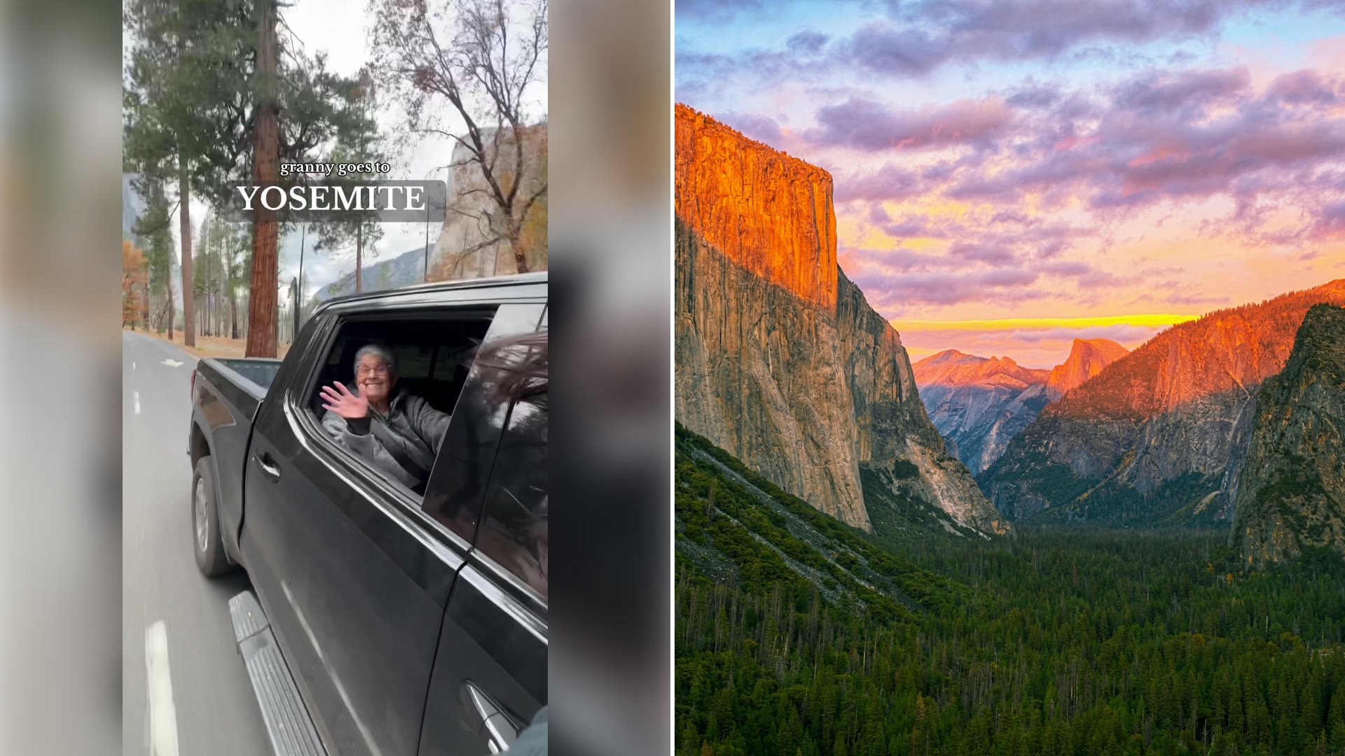 Left: cover still from a TikTok video by @kandktravel. Right: Sunset at Yosemite Tunnel View, with a green grassy valley and brown mountains under a cloudy sky (Unsplash photo by Anshul Jain).