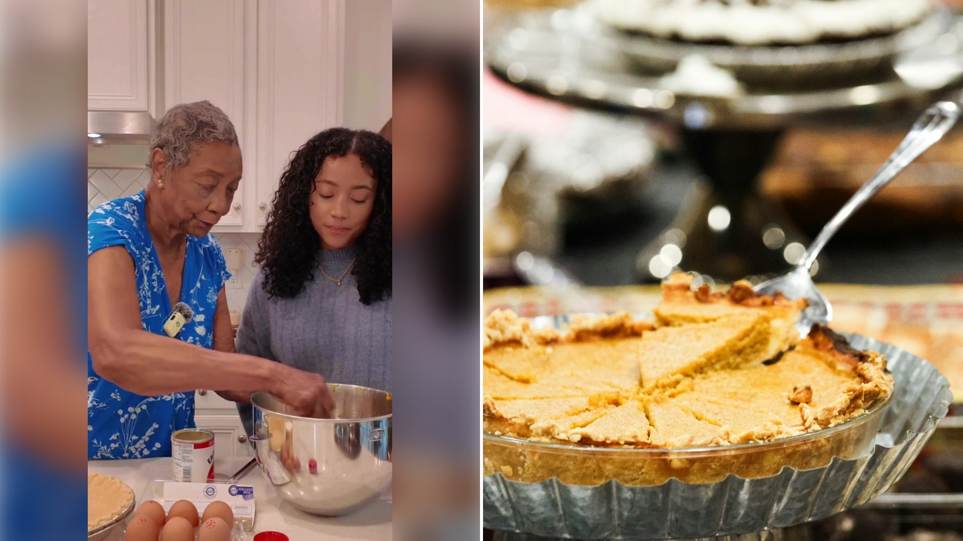 Left: cover still from a TikTok video by @thedesdiariess. Right: A slice of pie being served from a pie dish (Unsplash photo by Shay Sumner).