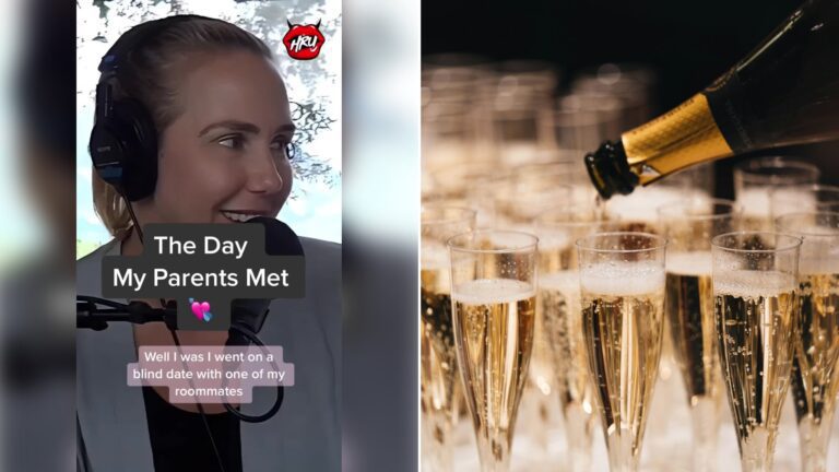 Left: cover still from a TikTok video by @hollyrandallunfiltered. Right: Champagne being poured from a bottle into a group of flutes on a tray (Unsplash photo by Alexander Naglestad).