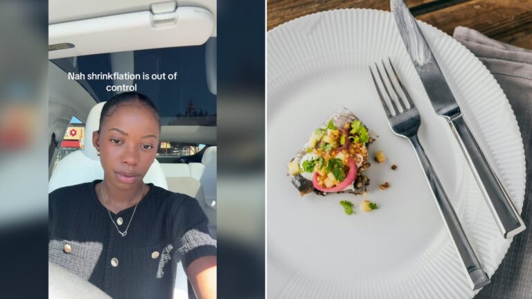 Cover of @relatablekenni's TikTok video beside an Unsplash photo by Mads Eneqvist of a white plate with a small portion of food next to a fork