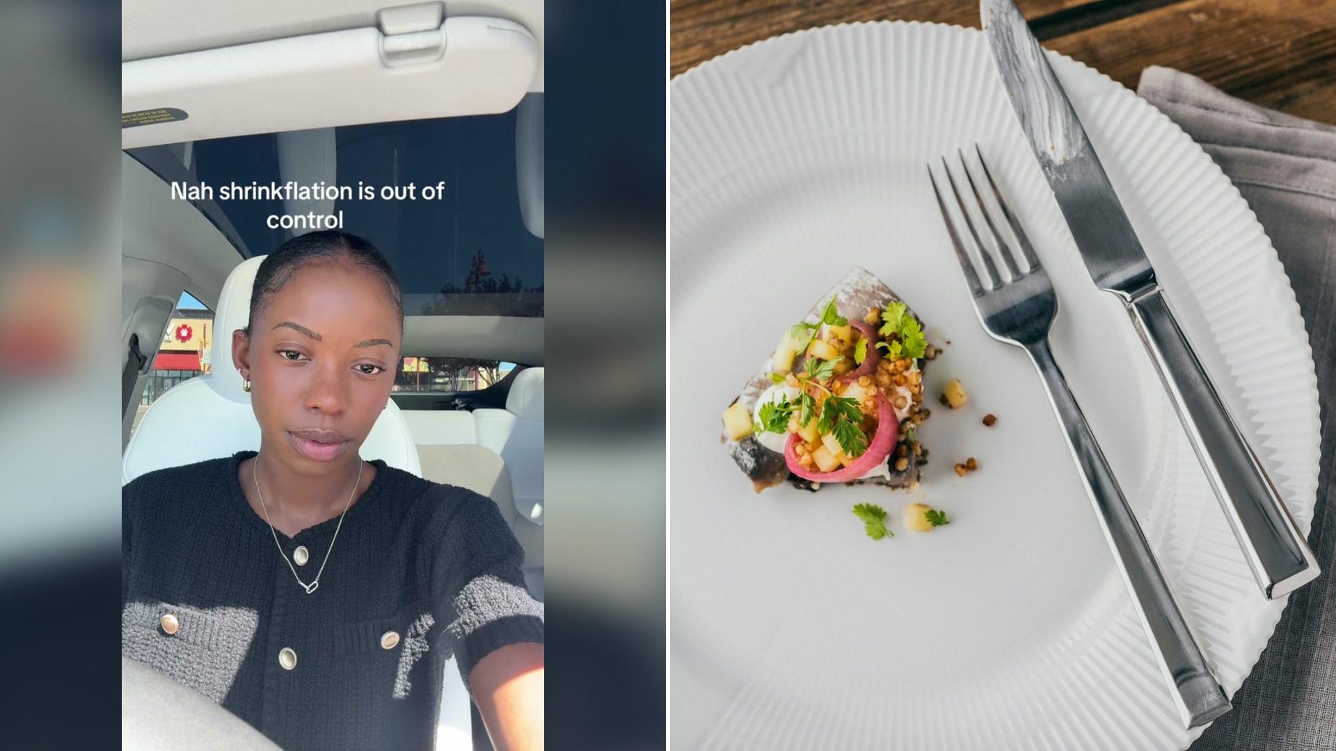 Cover of @relatablekenni's TikTok video beside an Unsplash photo by Mads Eneqvist of a white plate with a small portion of food next to a fork