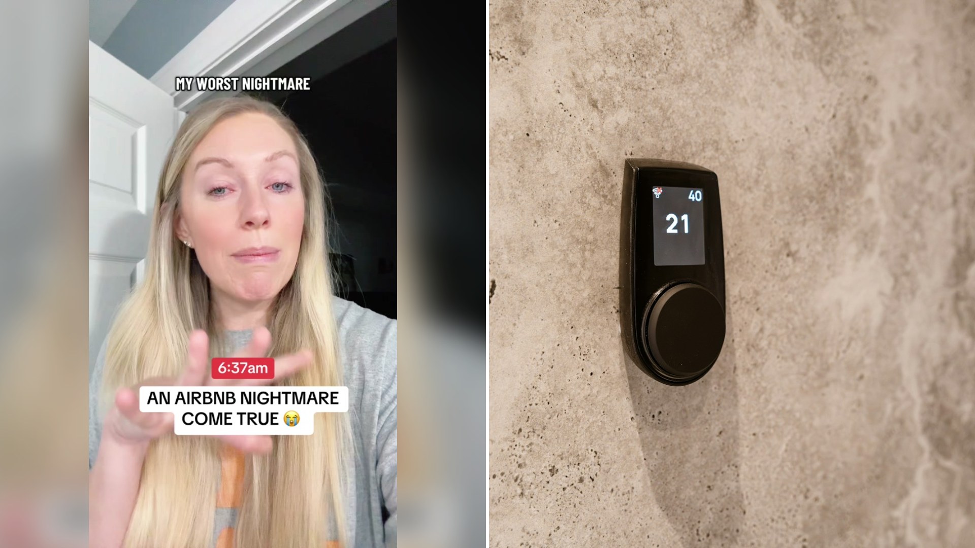 Cover of @mountainmamacabins's TikTok video beside an Unsplash photo by HUUM of a smart thermostat mounted on a stone wall