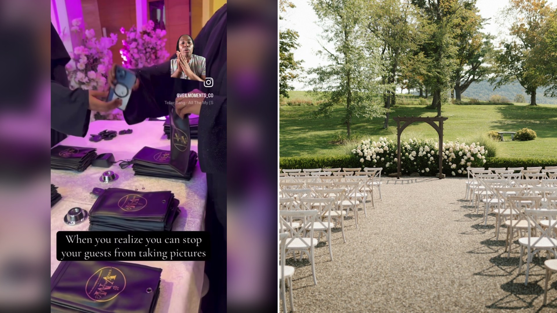 Cover of @theweddingauntie's TikTok video beside an Unsplash photo by Brittney Weng of an outdoor wedding ceremony setup with white chairs