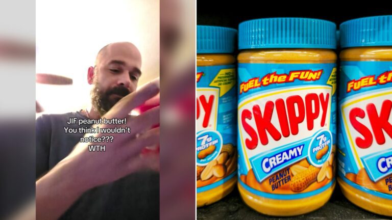 Cover of @skaught85's TikTok video beside an Unsplash photo by Zoshua Colah of three jars of peanut butter lined up