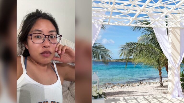 Cover of @annie.bao's TikTok video beside an Unsplash photo by Meg von Haartman of a tropical wedding arch overlooking a turquoise ocean