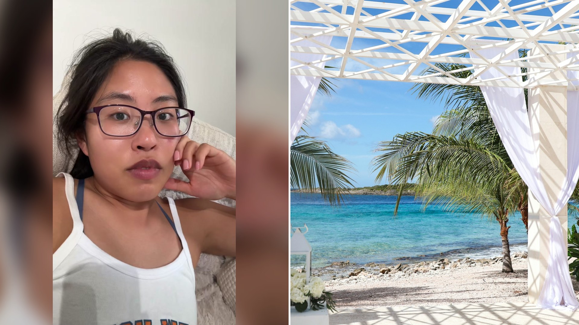 Cover of @annie.bao's TikTok video beside an Unsplash photo by Meg von Haartman of a tropical wedding arch overlooking a turquoise ocean