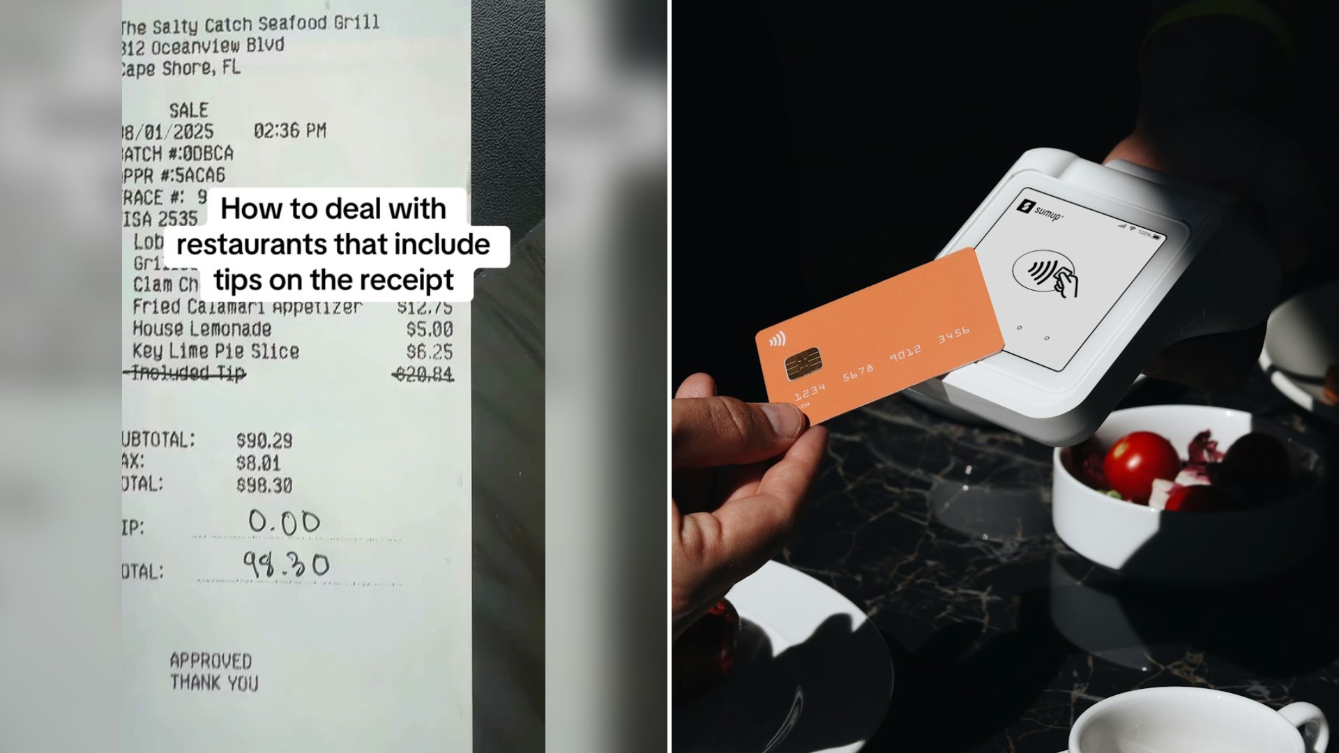 Cover of @captain.t.roll's TikTok video beside an Unsplash photo by SumUp of a hand holding a credit card over a plate of food