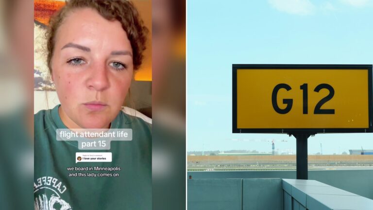 Cover of @ertg229's TikTok video beside an Unsplash photo by Trương Tuyết Ly of a yellow airport sign showing a G gate designation