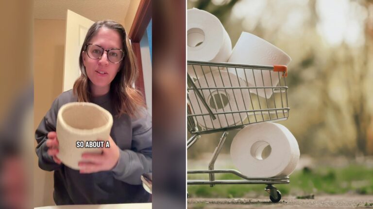 Cover of @emmalinechilds's TikTok video beside an Unsplash photo by Alexas_Fotos of a white toilet paper roll on a shopping cart