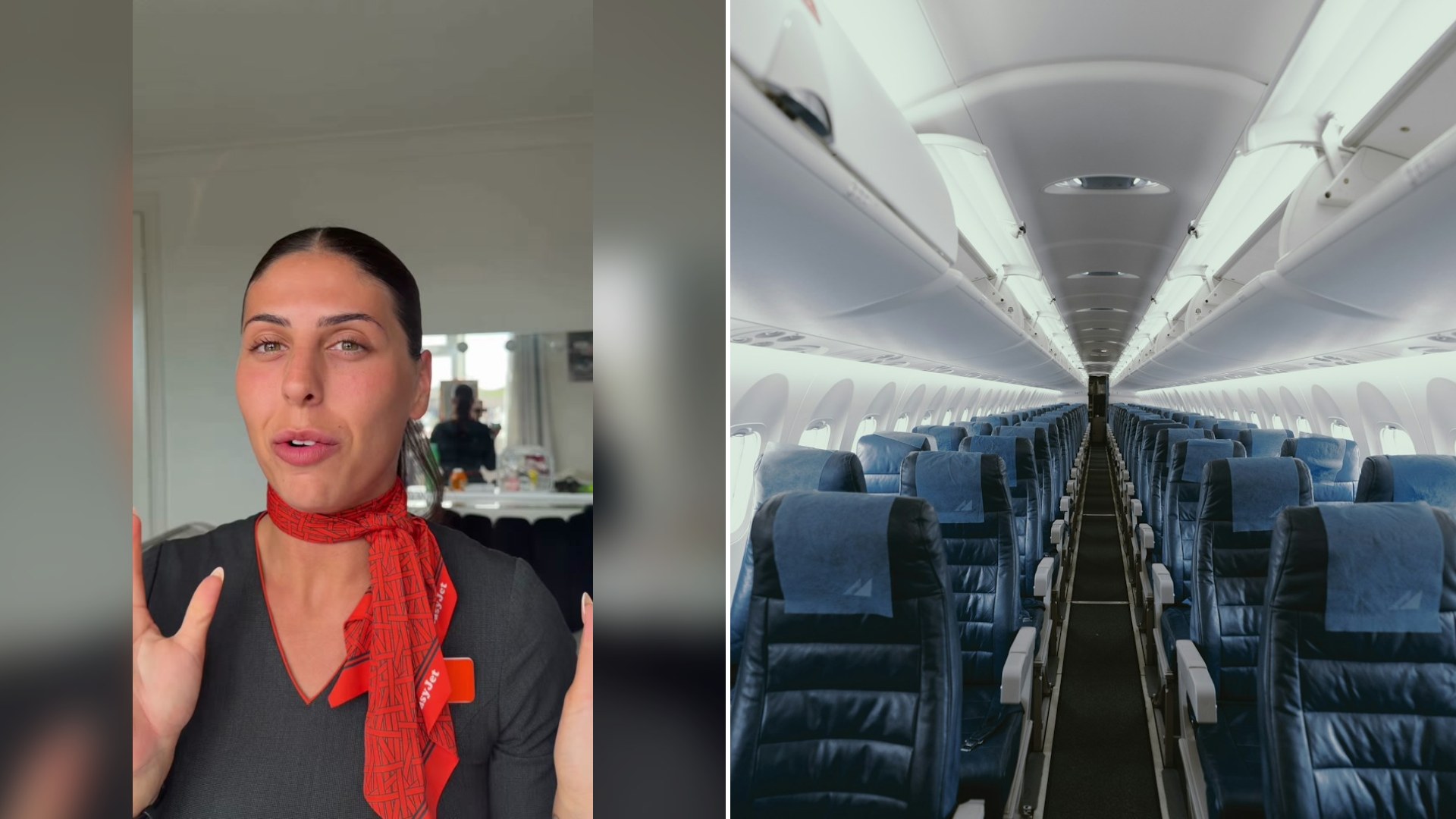 Cover of @jassanded's TikTok video beside an Unsplash photo by JC Gellidon of an airplane cabin interior with rows of seats