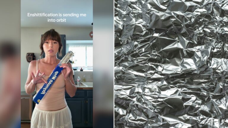 Cover of @spookytrashbag's TikTok video beside an Unsplash photo by Julia Maior of crumpled aluminum foil texture