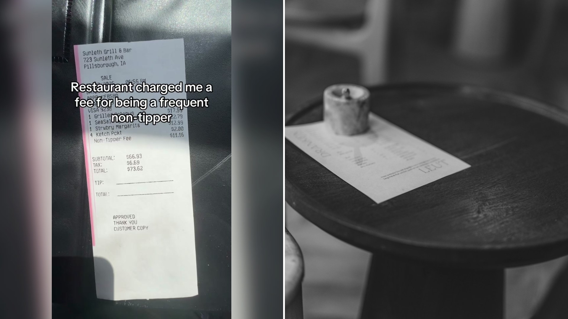 Cover of @captain.t.roll's TikTok video beside an Unsplash photo by Haberdoedas of a paper bill and small candle on a round tray at a cafe table