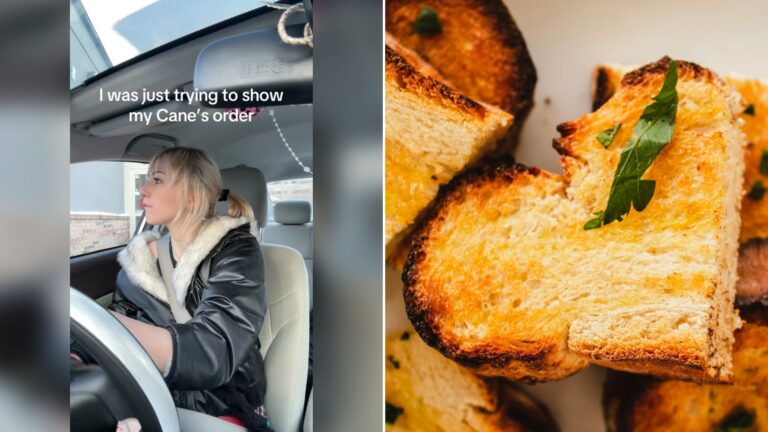 Cover of @sydrosalee's TikTok video beside an Unsplash photo by Louis Hansel of garlic bread toast