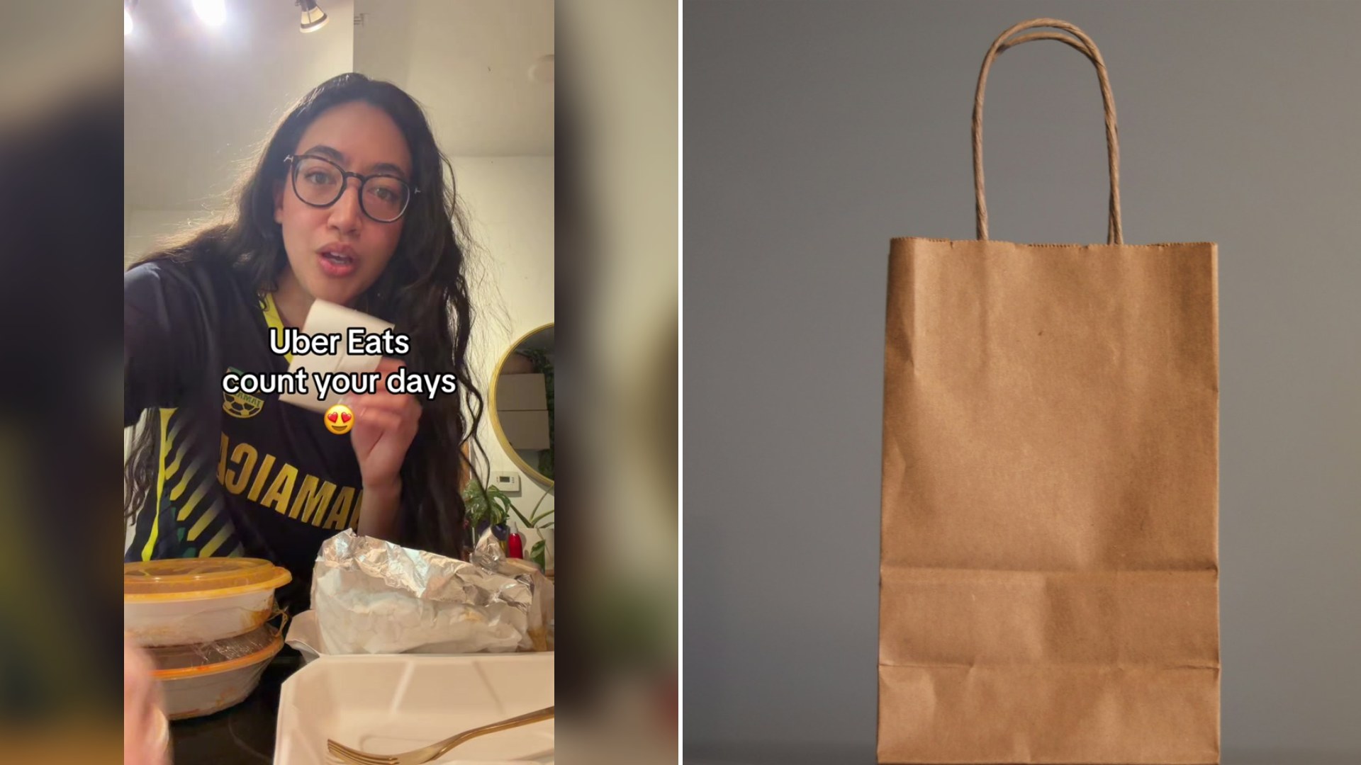 Cover of @chelsi.gif's TikTok video beside an Unsplash photo by Tamás Szabó of a plain brown paper takeout bag on a table
