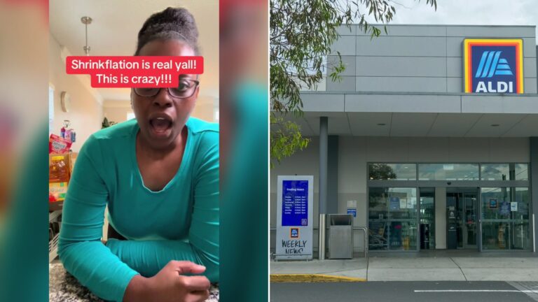 Cover of @nelliemakesit's TikTok video beside an Unsplash photo by Marques Thomas of a white and blue grocery store building by a green tree