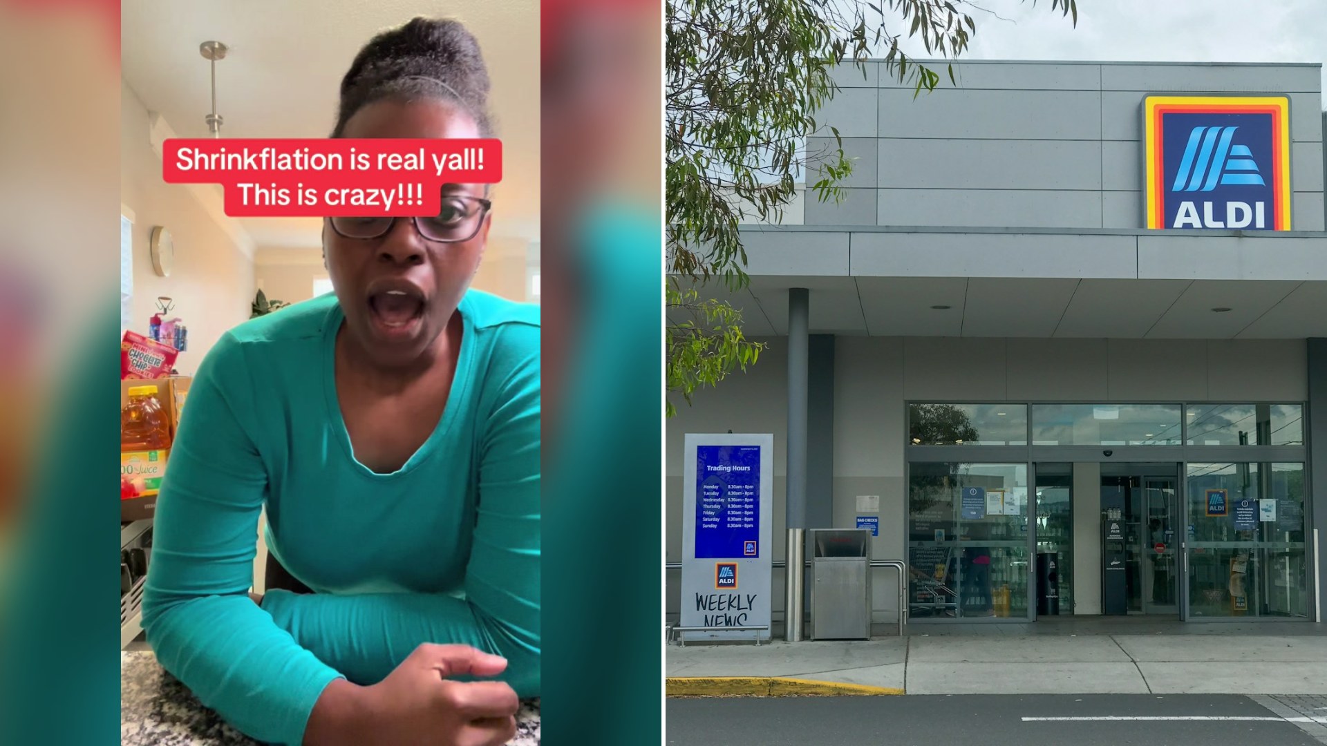 Cover of @nelliemakesit's TikTok video beside an Unsplash photo by Marques Thomas of a white and blue grocery store building by a green tree