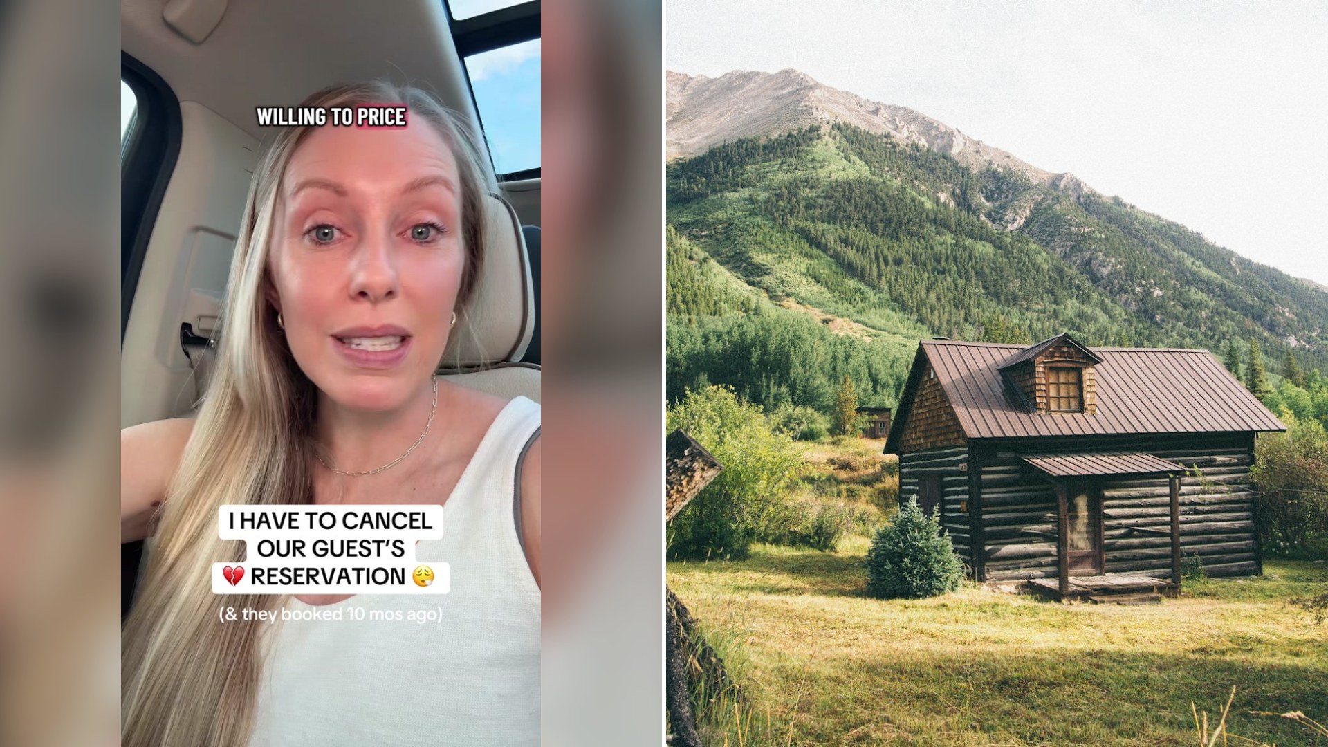 Cover of @mountainmamacabins's TikTok video beside an Unsplash photo by Mike Petrucci of a brown wooden cabin near mountains in daytime