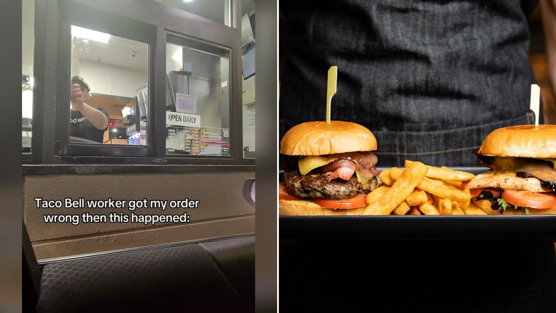 Cover of @_rain2x's TikTok video beside an Unsplash photo by Peter Dawn of hamburgers and fries on a tray