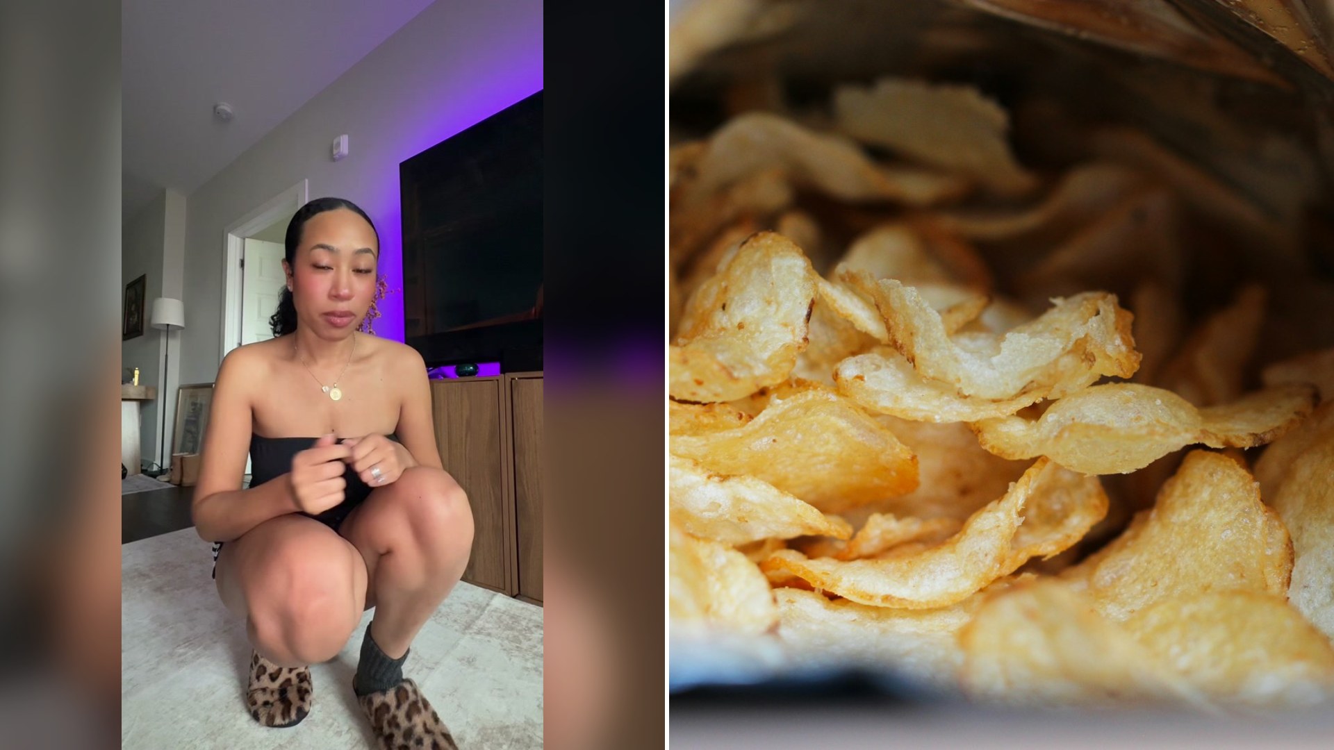 Cover of @dairyqween1's TikTok video beside an Unsplash photo by Esperanza Doronila of a close-up of a bag of potato chips