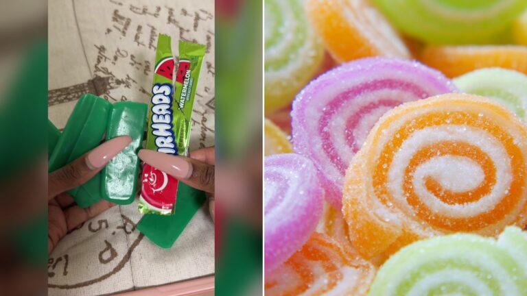 Cover of @jaylyinn's TikTok video beside an Unsplash photo by Towfiqu barbhuiya of a close-up of a pile of colorful candies