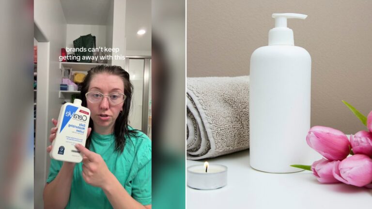 Cover of @jocelyn_jk's TikTok video beside an Unsplash photo by Camille Brodard of a white plastic pump lotion bottle beside tulips and a towel