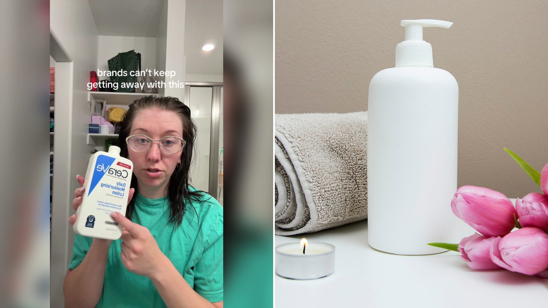 Cover of @jocelyn_jk's TikTok video beside an Unsplash photo by Camille Brodard of a white plastic pump lotion bottle beside tulips and a towel