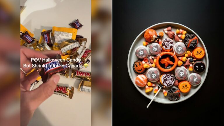 Cover of @veronicacousinsrealtor's TikTok video beside an Unsplash photo by Tolgahan Akbulut of a white plate of Halloween candies