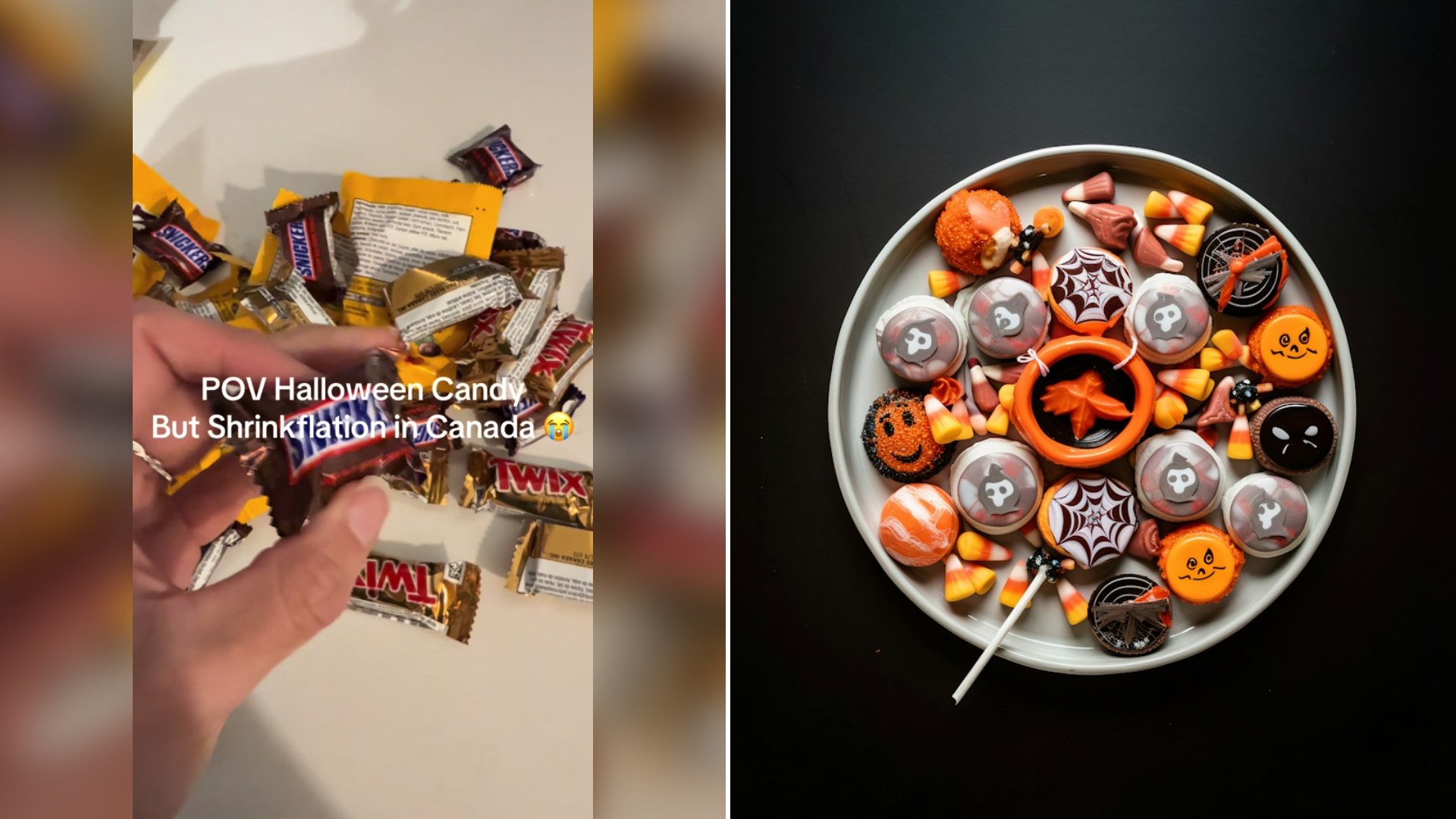 Cover of @veronicacousinsrealtor's TikTok video beside an Unsplash photo by Tolgahan Akbulut of a white plate of Halloween candies