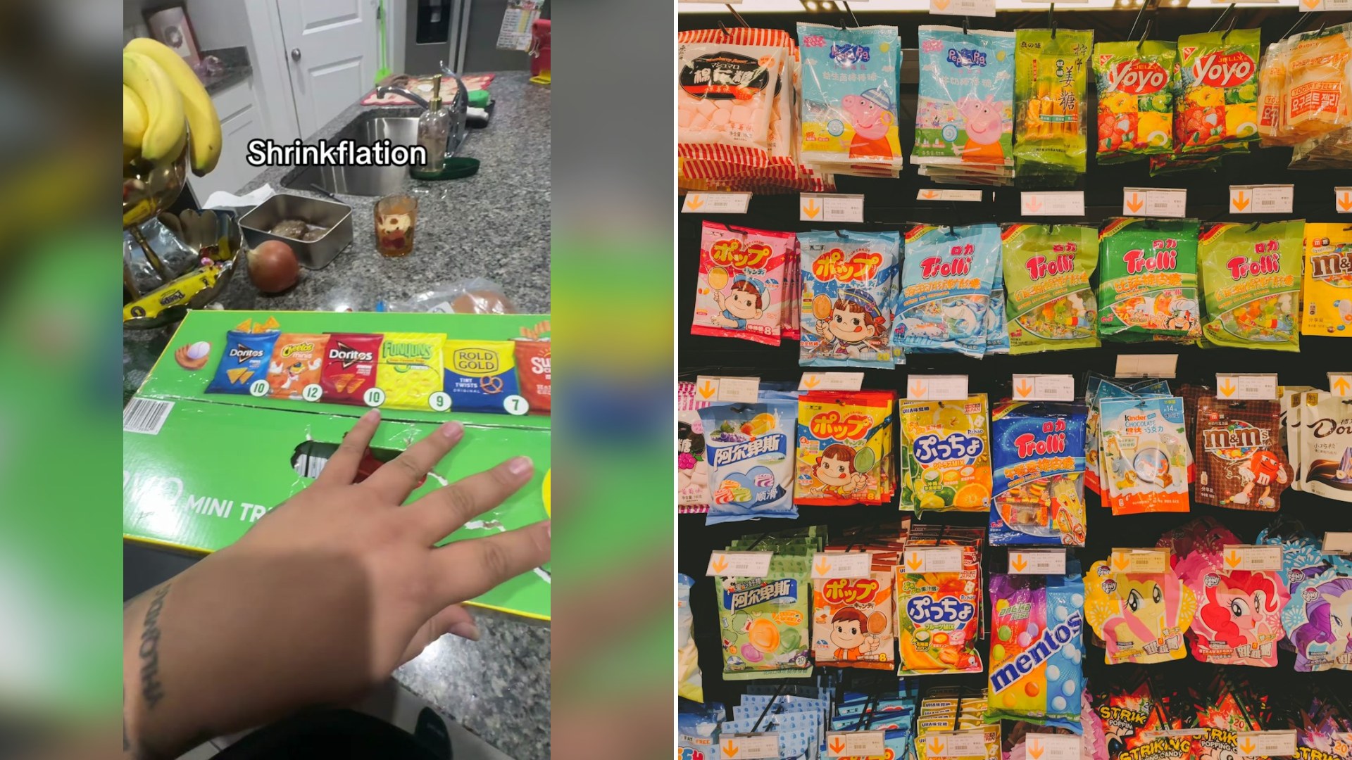 Cover of @breee_geeee's TikTok video beside an Unsplash photo by Stephen Kong of a variety of snacks on display in a store