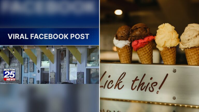 Cover of @Boston25News's YouTube video beside an Unsplash photo by mae black of three ice cream cones standing on a cone stand.