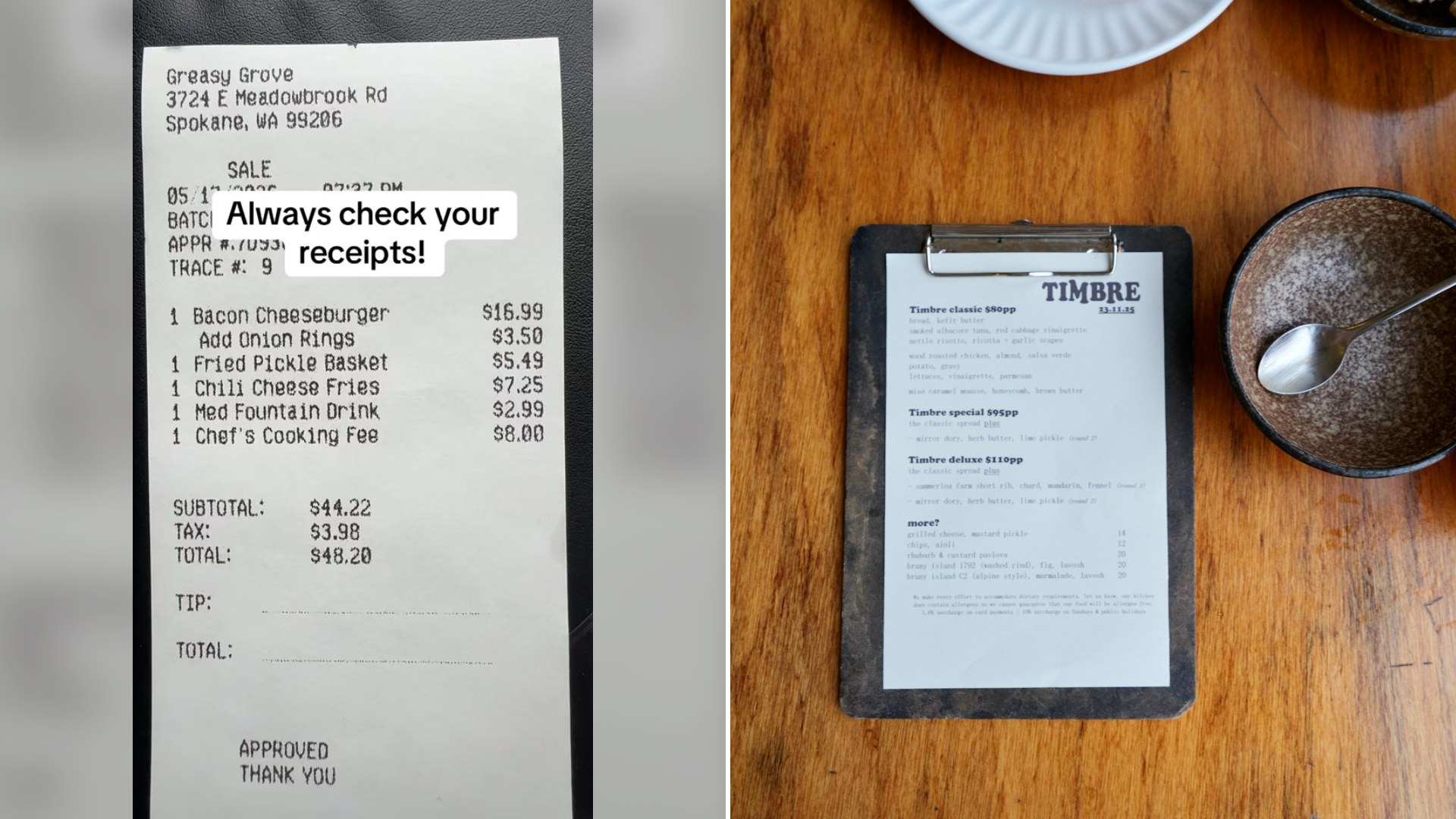 Cover of @captain.t.roll's TikTok video beside an Unsplash photo by Neon Wang of a menu on a wooden table with food items.