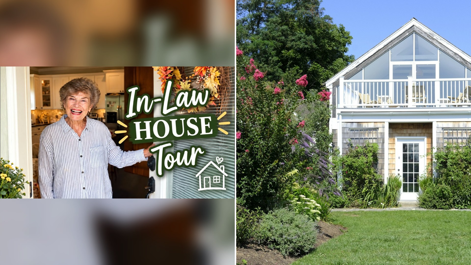 Cover of @Mary1athome's YouTube video beside an Unsplash photo by Alisa Orlova of a small white house with a porch and a deck.
