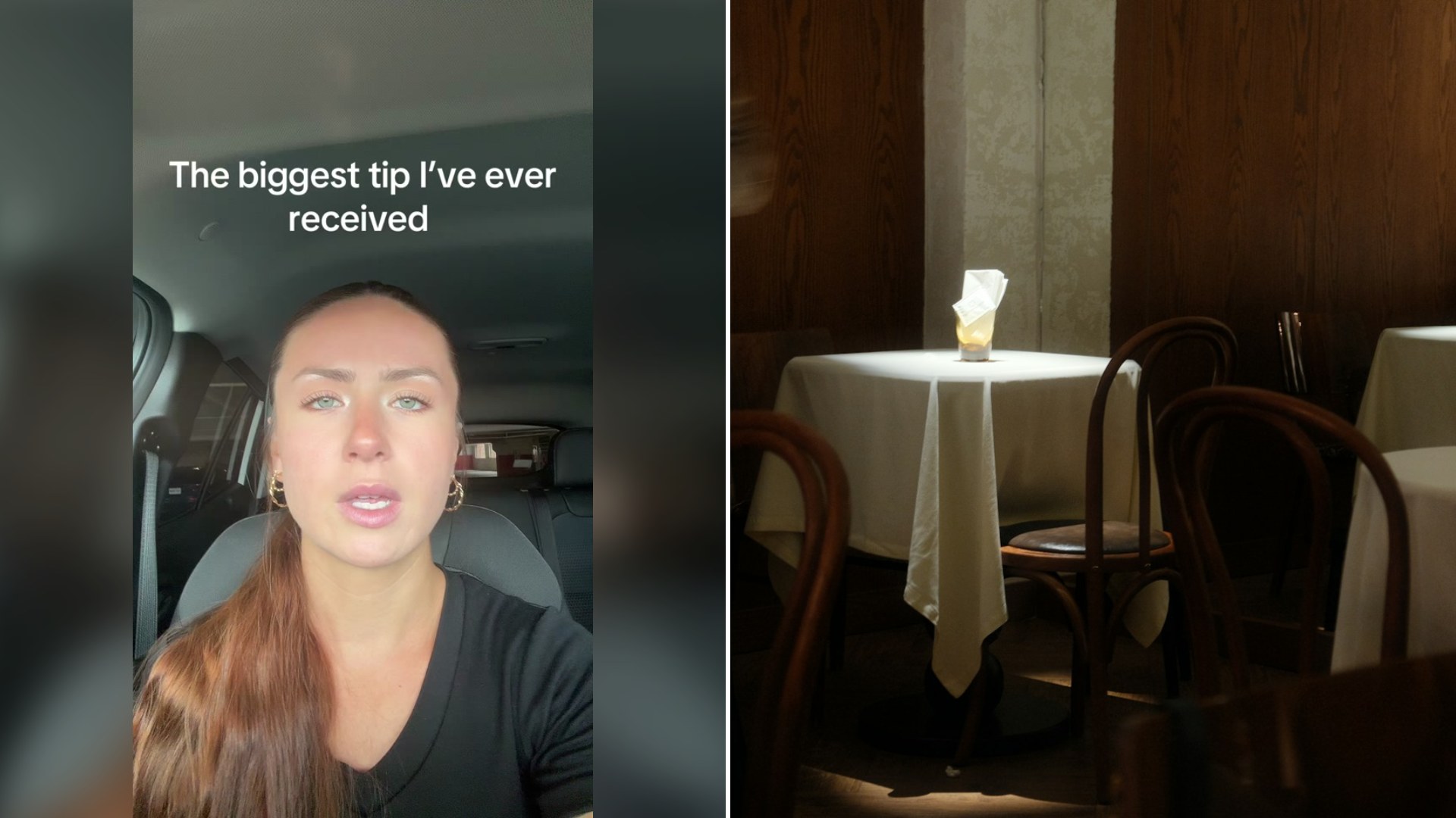 Cover of @hannah__lynn16's TikTok video beside an Unsplash photo by Sara Abilova of a dimly lit restaurant with tables set for dining.