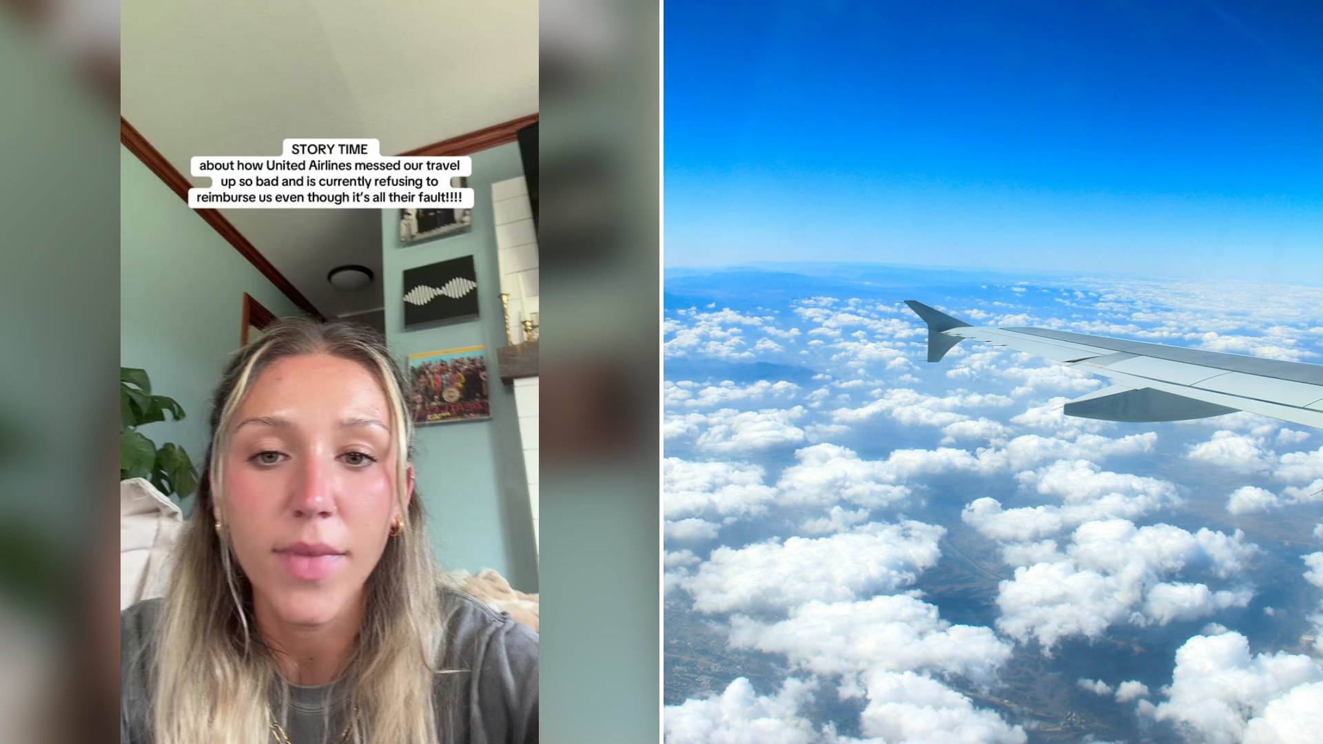 Cover of @mackgarasic's TikTok video beside an Unsplash photo by Jun Ren of an airplane wing flying over fluffy white clouds.