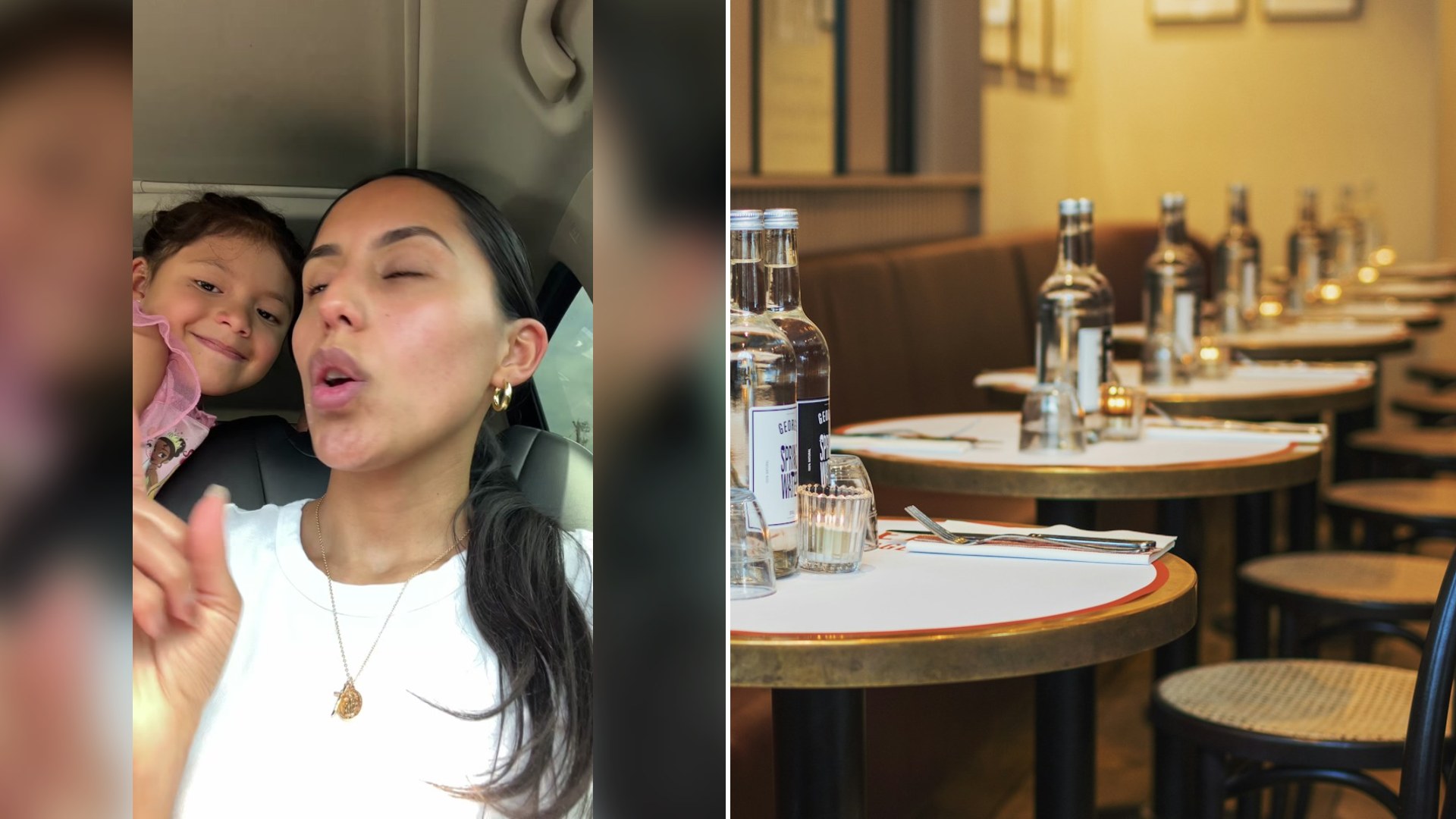 Cover of @heyitsgisela's TikTok video beside an Unsplash photo by Vitalii Kyktov of empty restaurant tables with chairs and water bottles.