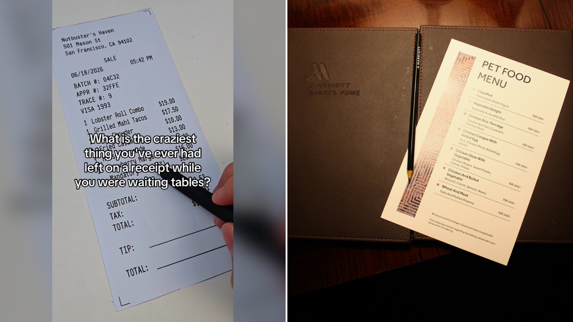 Cover of @thehappykim3's TikTok video beside an Unsplash photo by Ameya Khandekar of a menu sitting on a table next to a pen.
