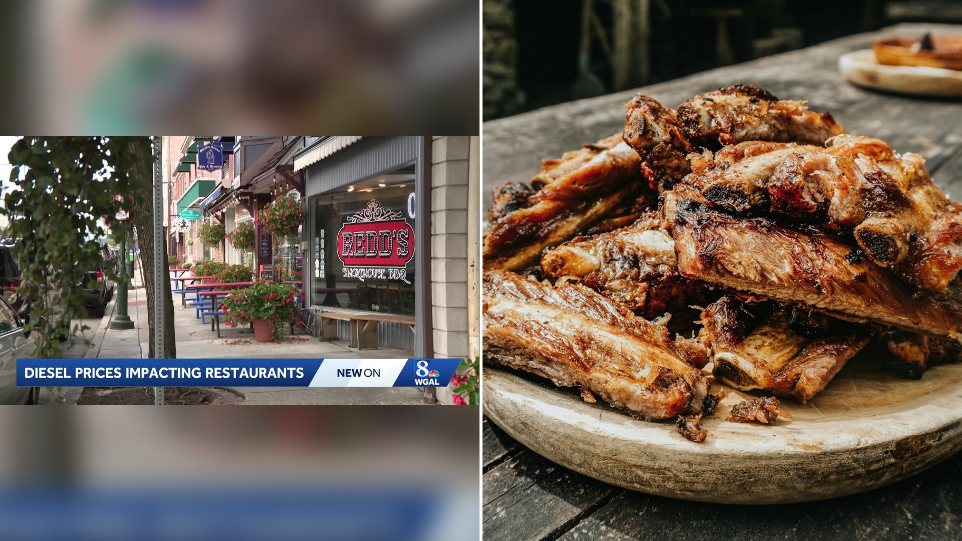 Cover of @WGAL's YouTube video beside an Unsplash photo by Arturo Rey of grilled ribs on a wooden tray.