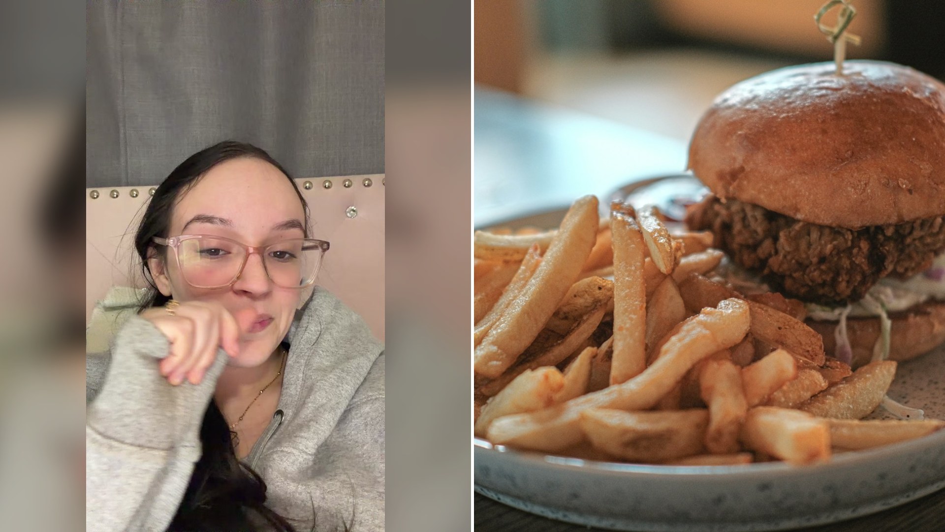 Cover of @kasey.conner's TikTok video beside an Unsplash photo by Allen Y of a crispy chicken burger with french fries.