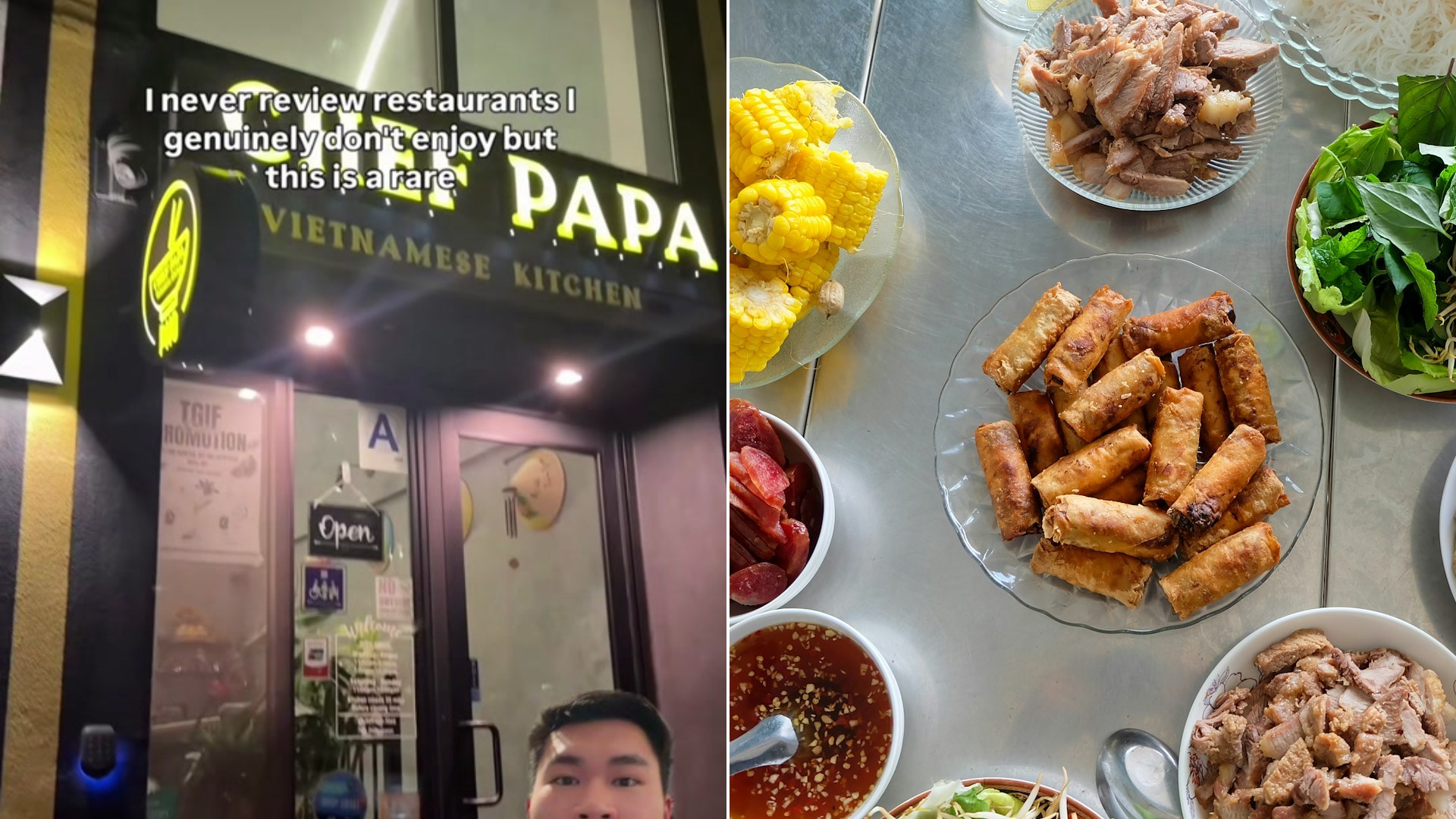 Cover of @chefpapanyc's TikTok video beside an Unsplash photo by Toan Le of a table filled with various Vietnamese dishes and ingredients.