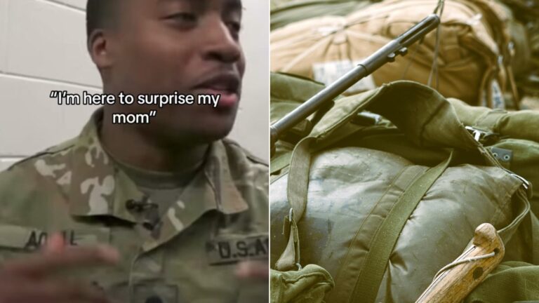 Cover of @athleteam's TikTok video beside an Unsplash photo by Nancy Hughes of military gear and parachute bags piled together.