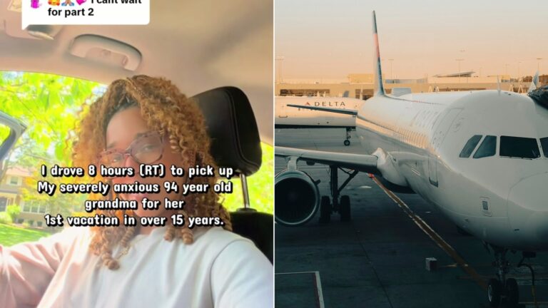 Cover of @jillgotatiktok's TikTok video beside an Unsplash photo by Annie V of an airplane connected to a jet bridge at sunset.