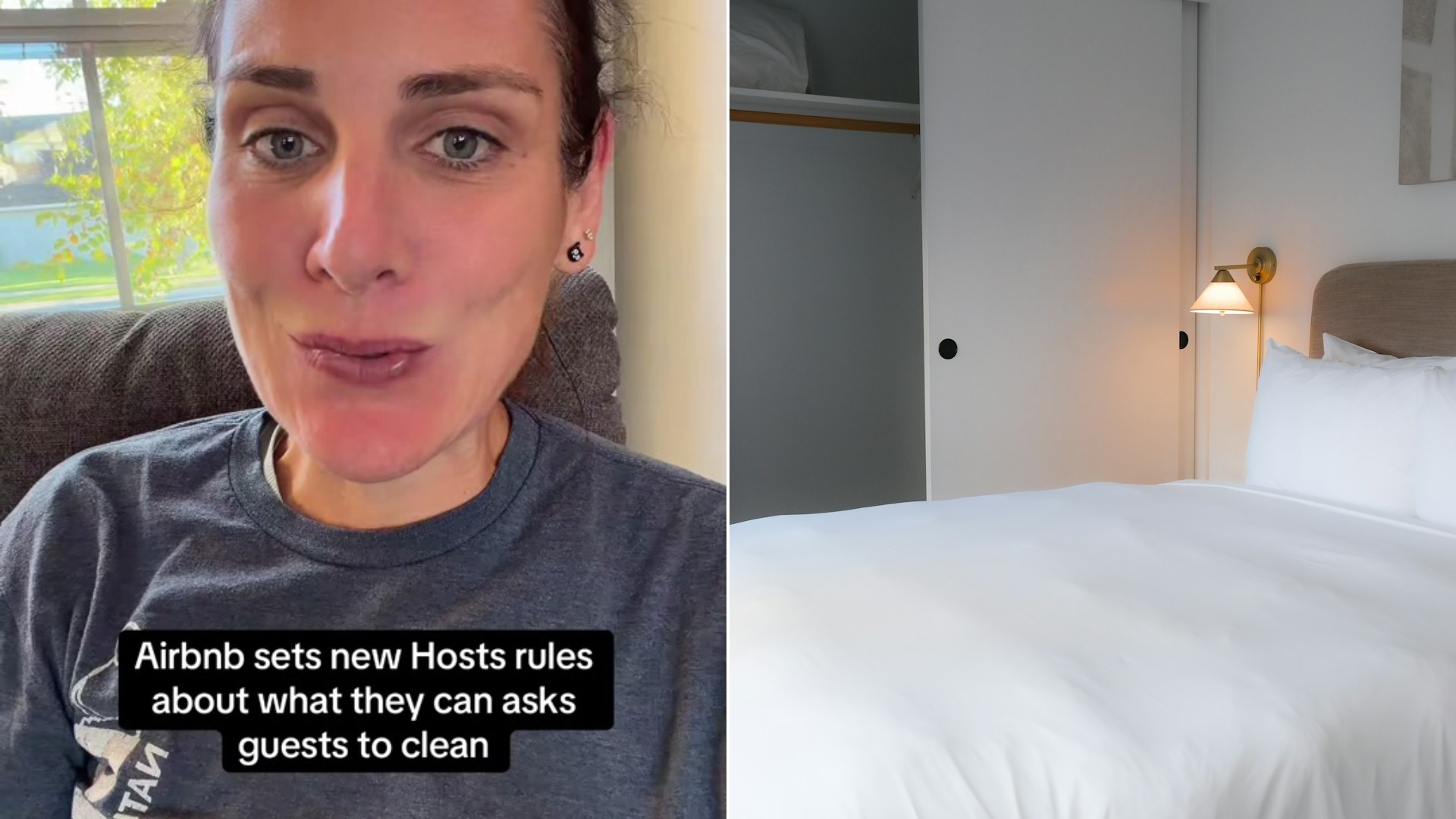 Cover of @tallmomrunning's TikTok video beside an Unsplash photo by ubeyonroad of a neatly made bed with white linens in a bedroom.