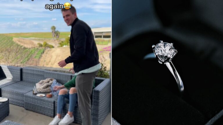 Cover of @thesupercole's TikTok video beside an Unsplash photo by Eileen Pan of a classic diamond ring in a case.